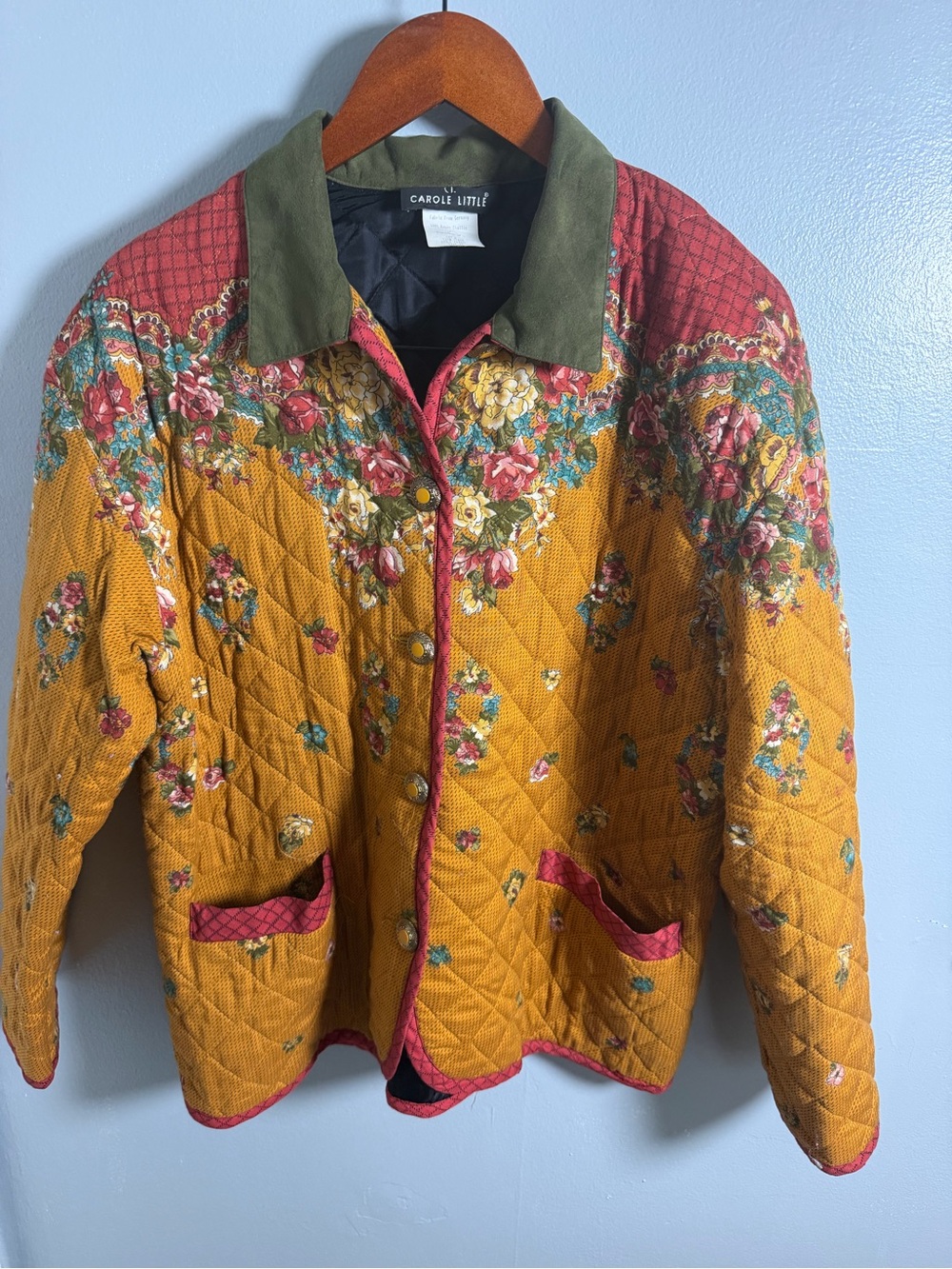 Carole Little Quilted Floral Jacket in Mustard with Olive Collar - Picture 11 of 11